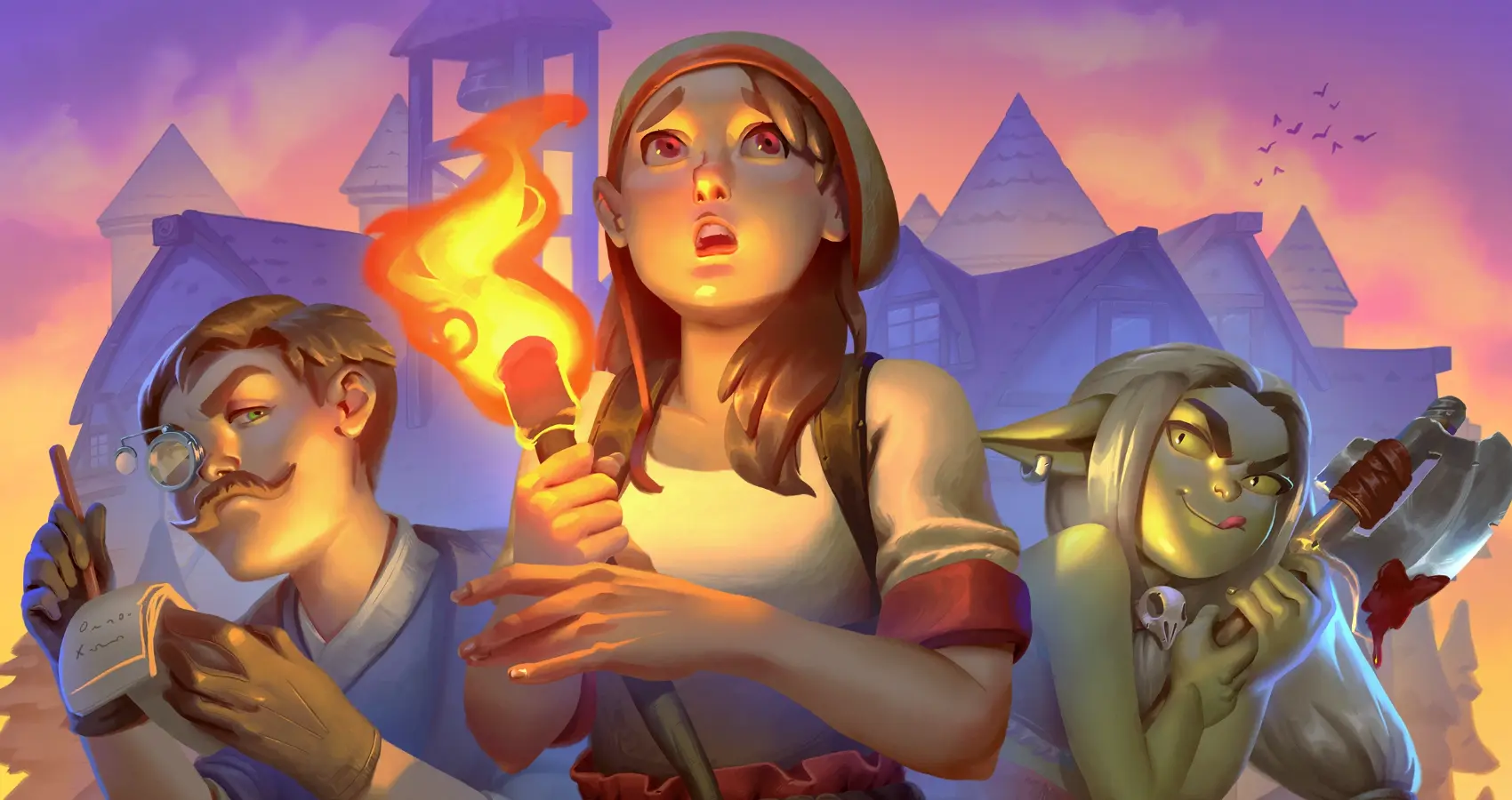 Eville characters gathered in a stylised medieval village at sunset
