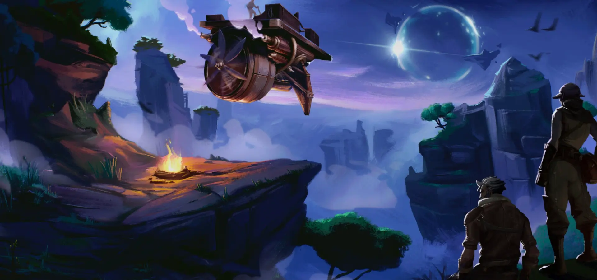 Highreach key art showing floating islands and an airship