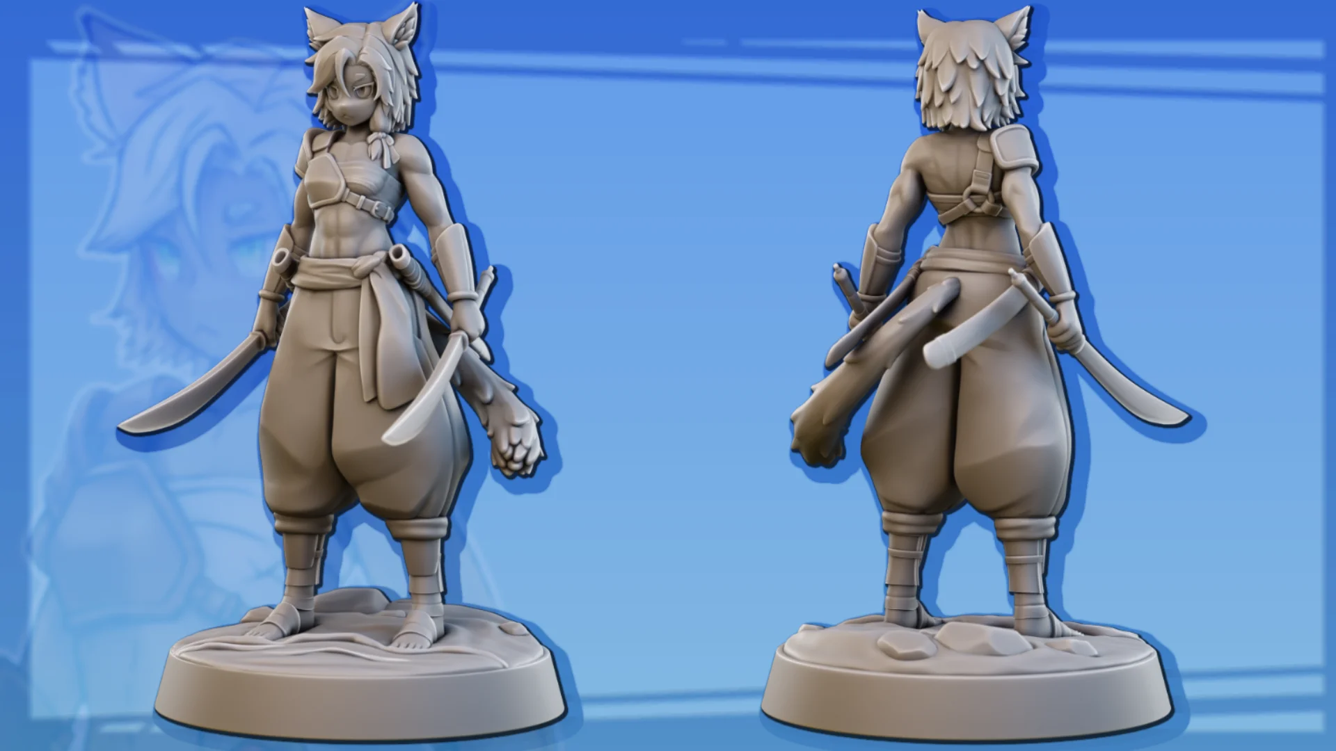 Kiana character sculpt shown from the front and back