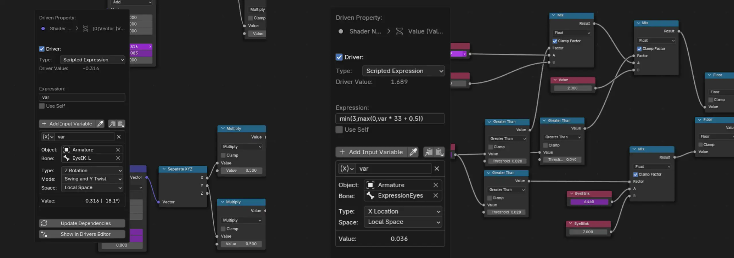 Blender driver editor showing the clamped Python expression